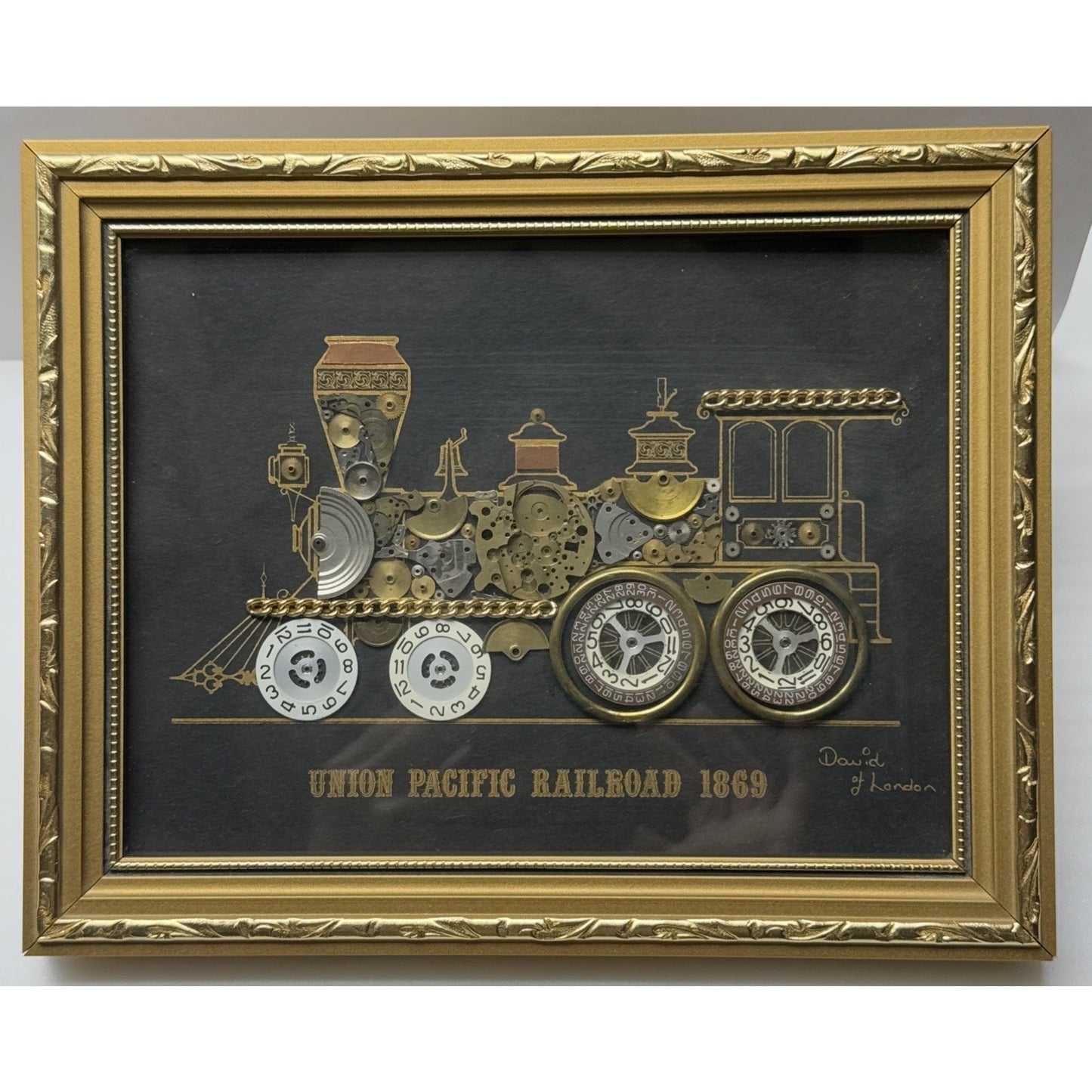 Vintage David of London Union Pacific Railroad Horological Gold Framed Art As Is