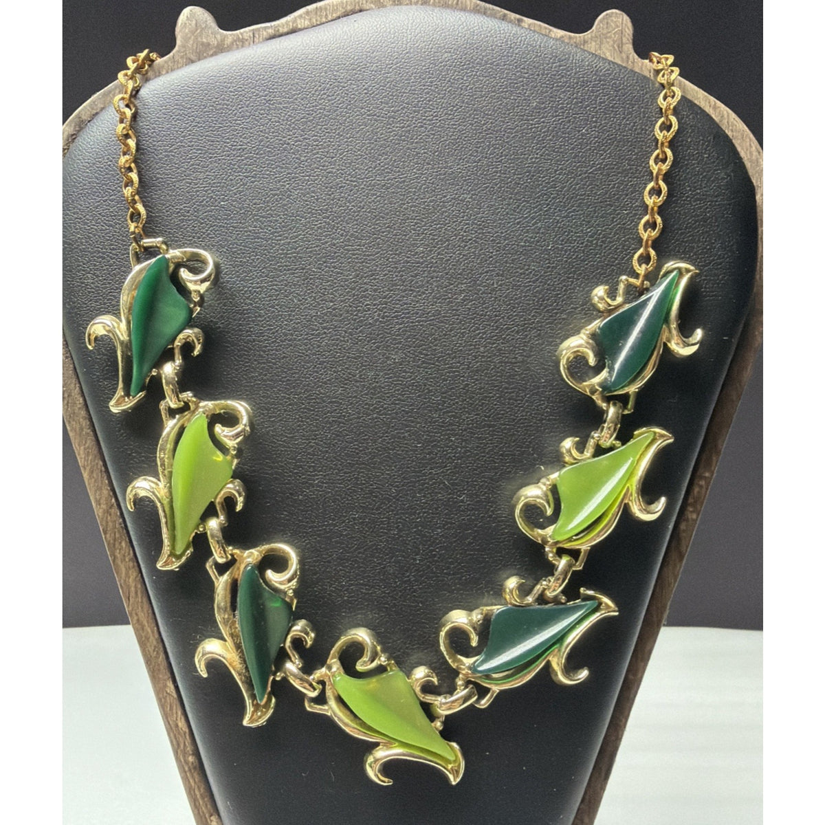 MCM Thermoset Necklace Green Gold Ornate Necklace Adjustable Chain Choker