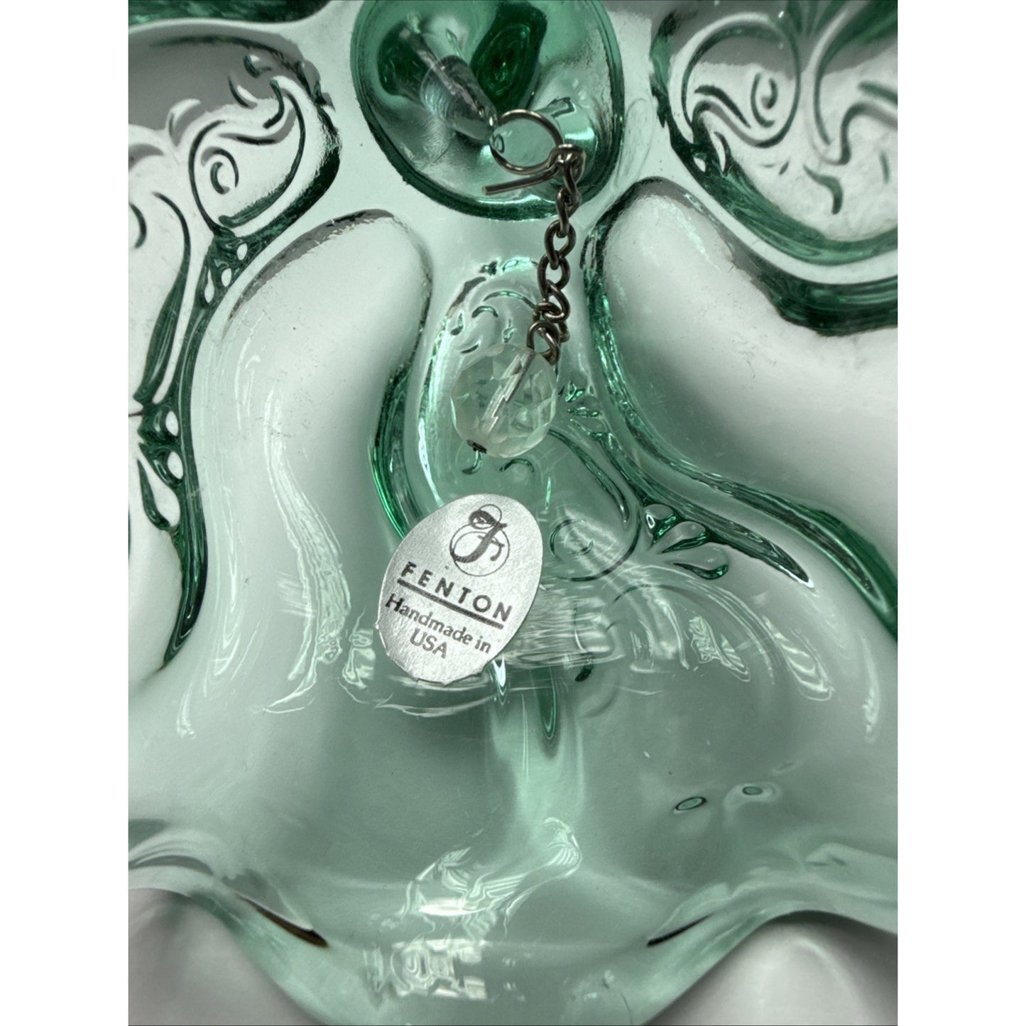 Vintage Fenton Glass Bell Sea Mist Green Pacific Swirl Ruffled Edge As Is
