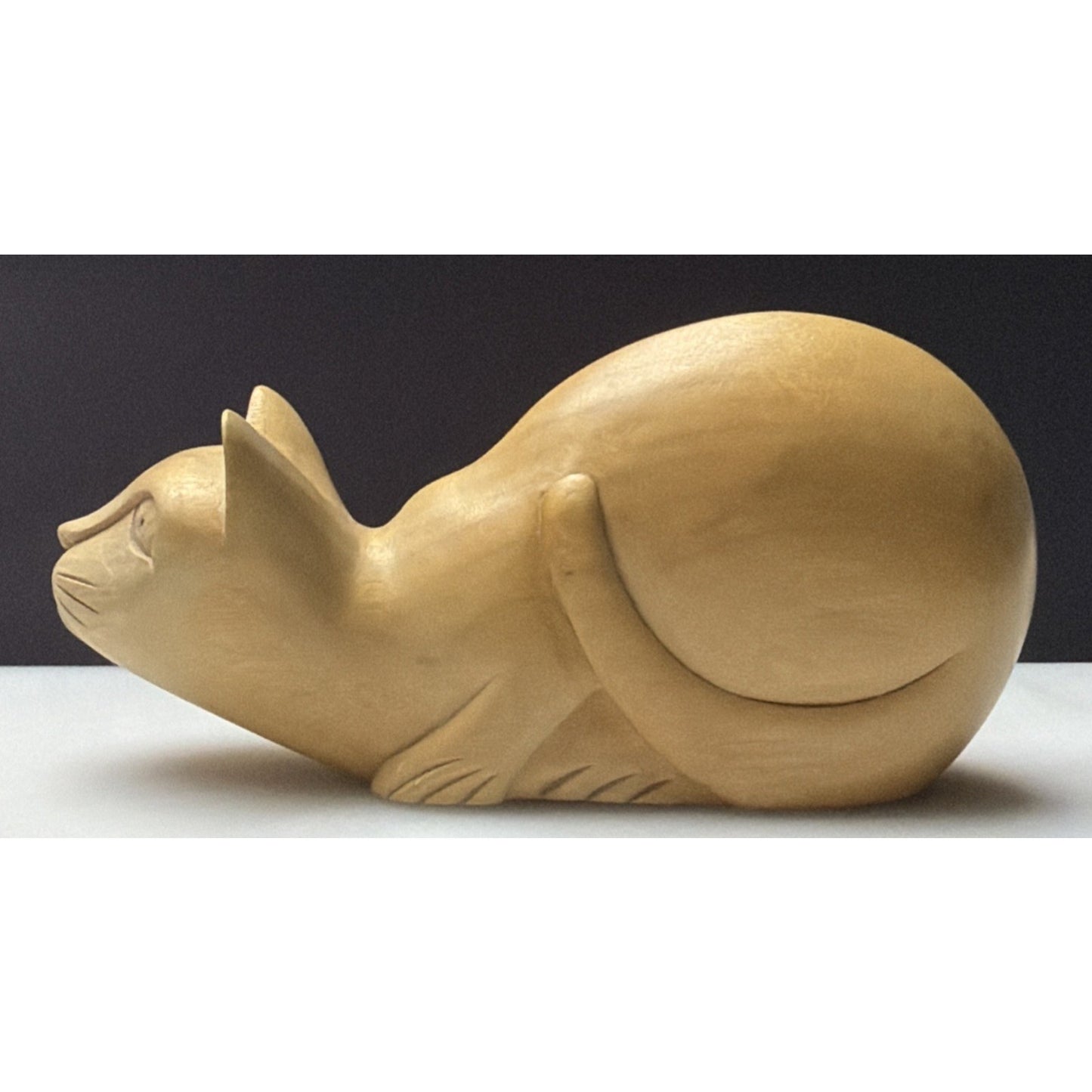 Folk Art Whimsey Hand Carved Solid Wood Cat Figurine Crouched Statue