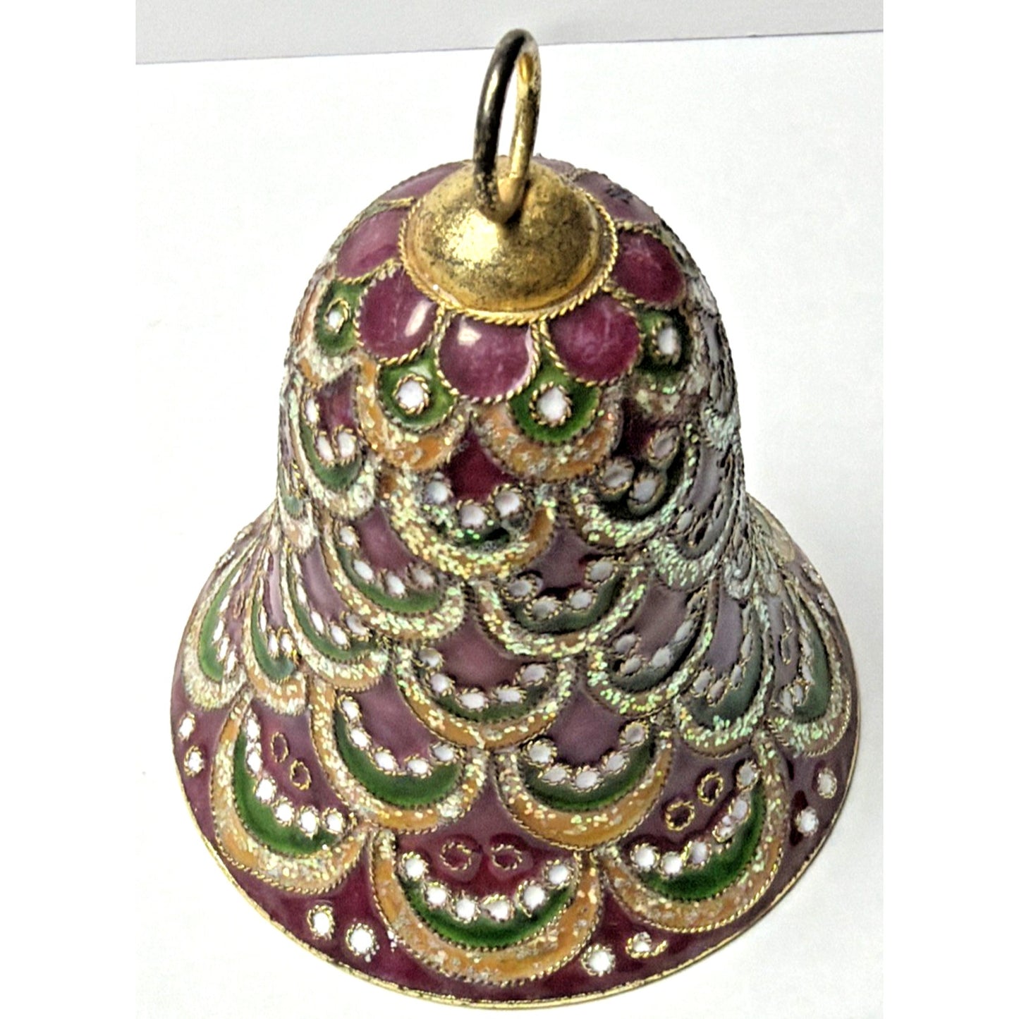 Vtg Enamel Cloisonné Bell Ornament Purple Green Gold Scallop Tree Feather As Is