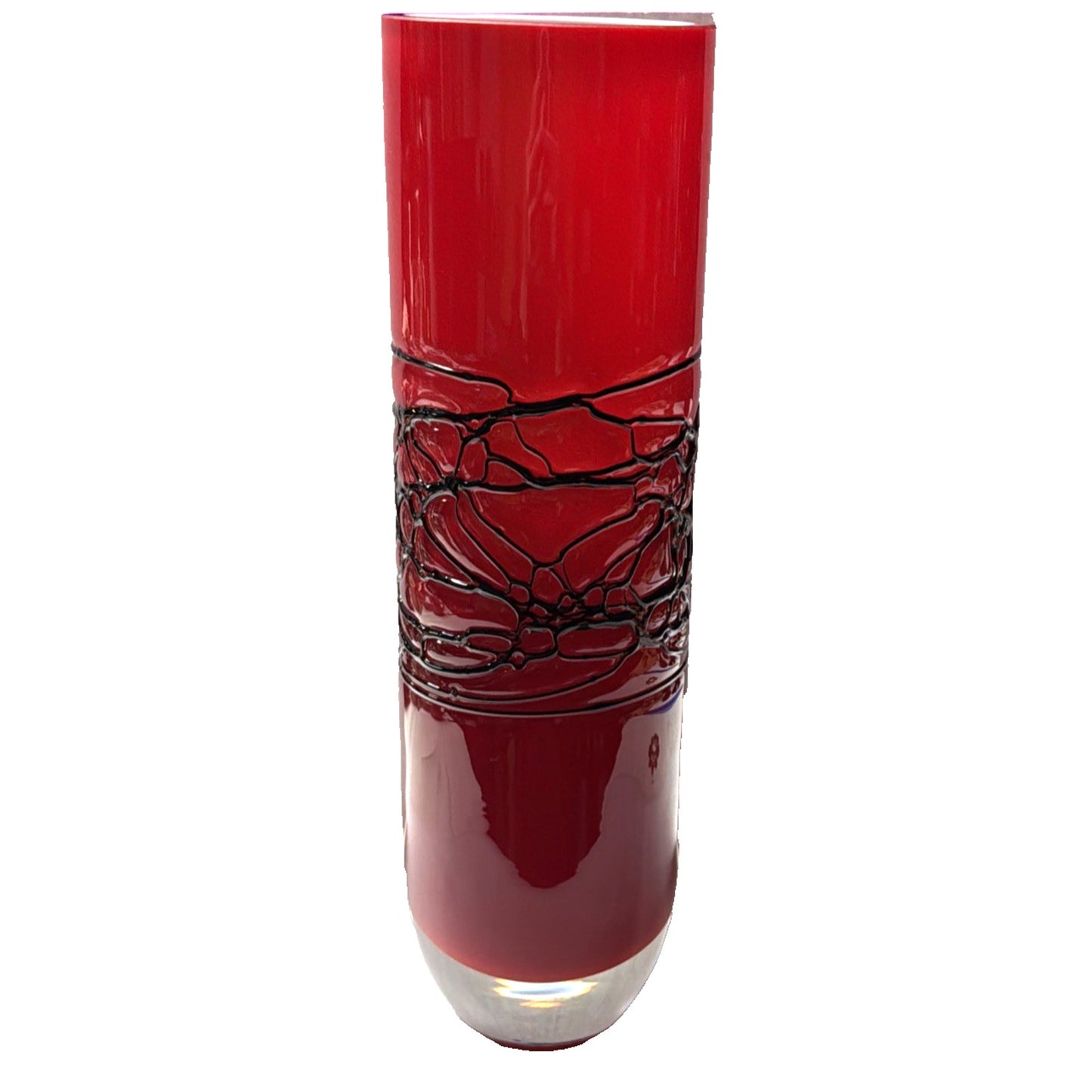 MCM Red Cased White Cylinder Vase Abstract Black Threaded Strapping Large