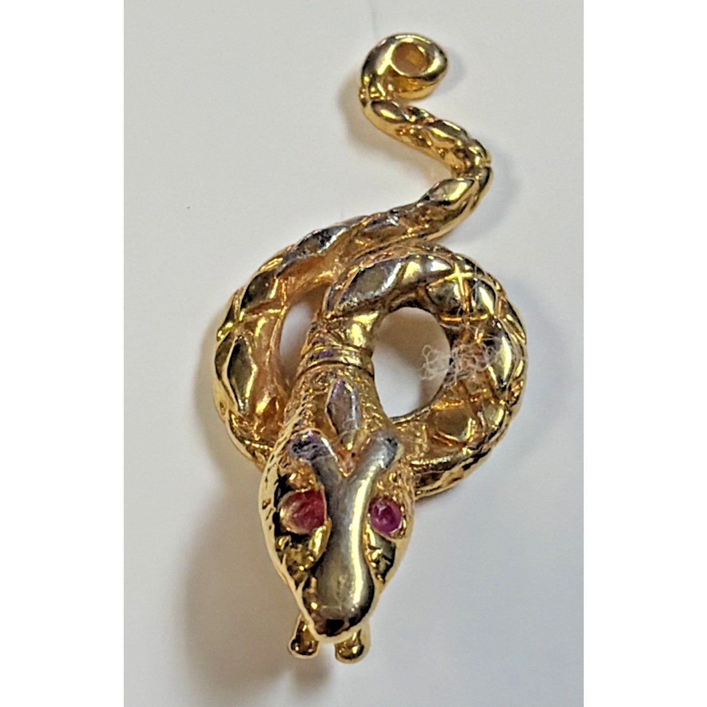 Vtg Coiled Snake Serpent Pendant Charm Open Mouth Ruby Eyes Gold Tone Infinity