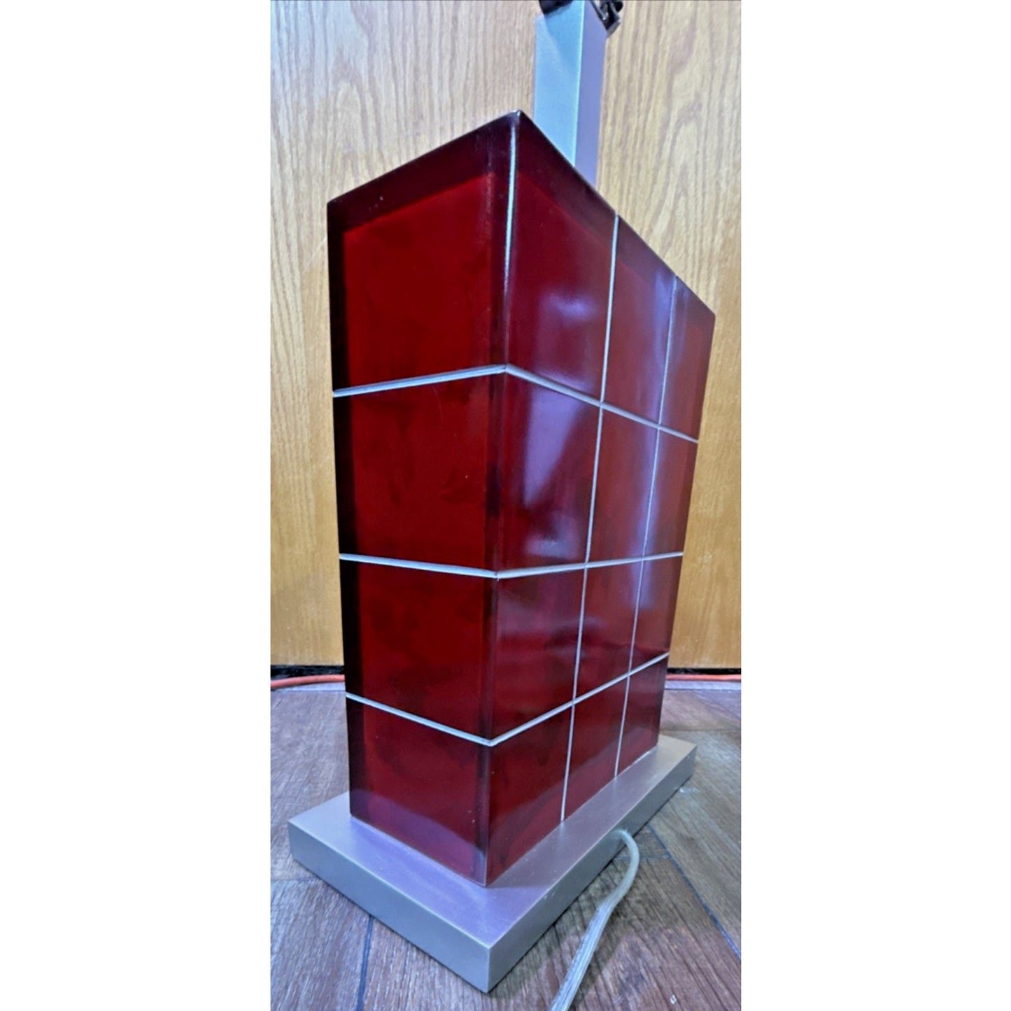 Vintage Modern Geometric Red Lucite Block Acrylic Stacked Lamp Metal Base As Is