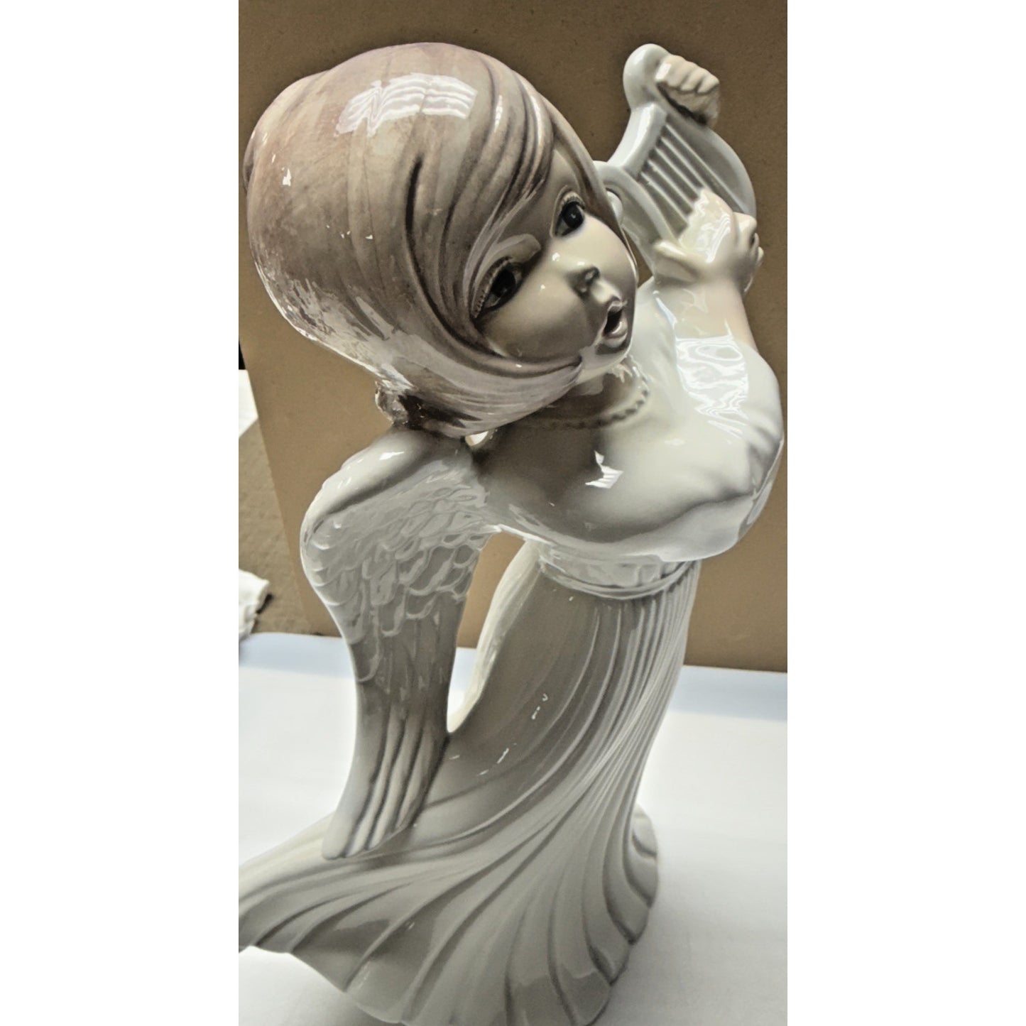 Vintage Atlantic Mold Ceramic Angel Playing Harp Hand Painted Glazed Large As Is