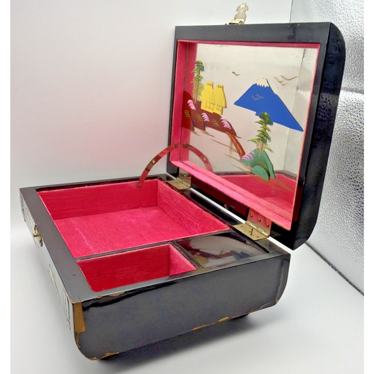 Vintage Japanese Lacquer Jewelry Music Box Lined Hand Painted Mt Fuji Works