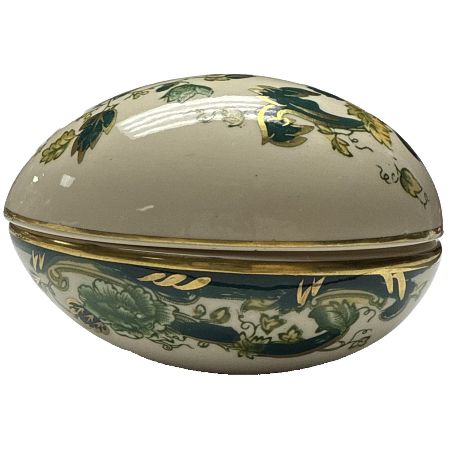 Vintage Mason’s Ironstone Chartreuse Green Egg Trinket Box Gold Floral
