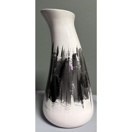 MCM Abstract Art Pottery Vase Black White Brushed Glazed Asymmetrical Signed