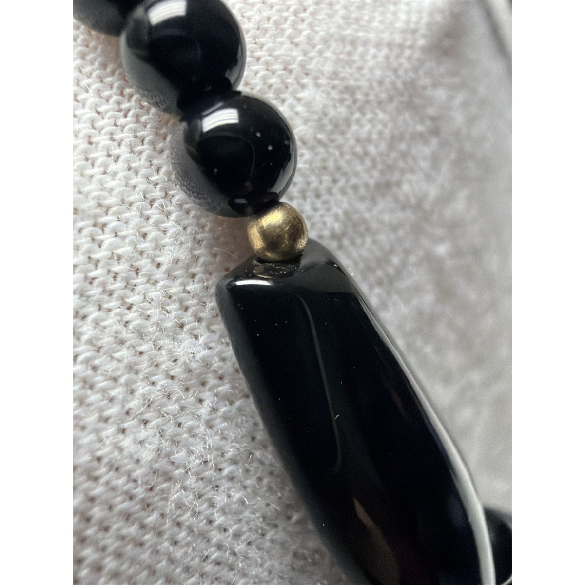 Jet Black Flame Carved Leaf Shape Onyx Bead Gold Spacer Necklace Read Descript