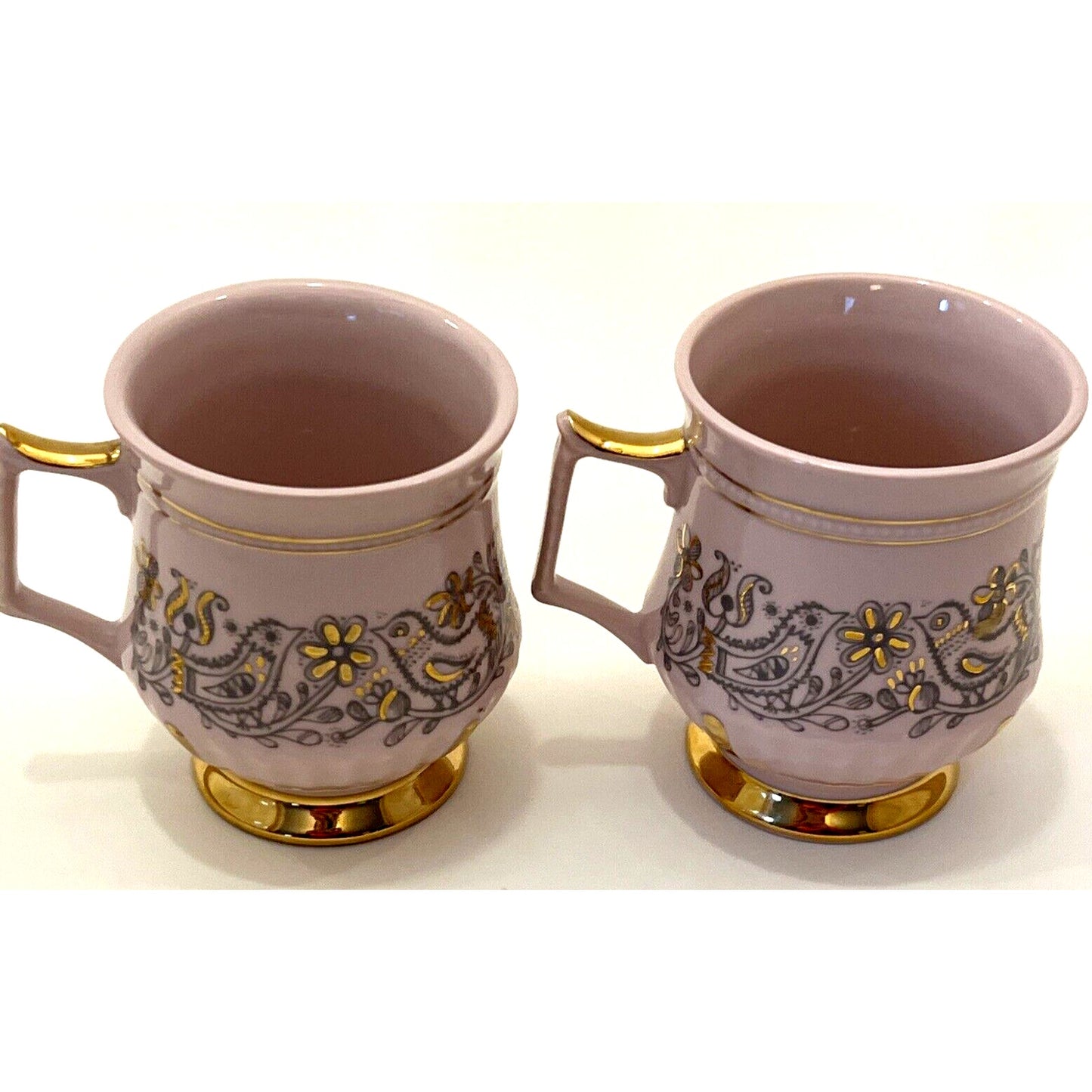 Antique Lot Of 2 H&C Rosa Pink Czech Porcelain Love Birds Gold Mugs Tea Cups