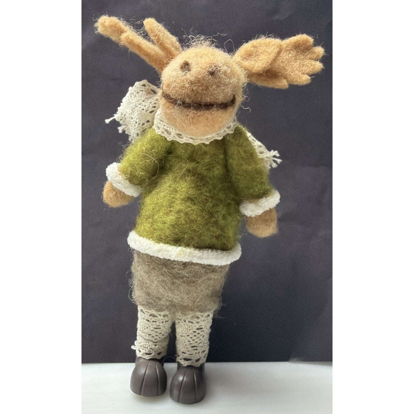 Felt Plush Christmas Moose Standing Green Sweater Lace Scarf Leggings As Is