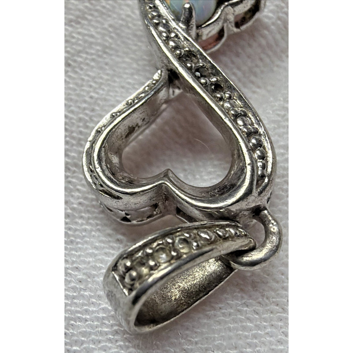 Vintage LA 925 Sterling Silver Double Heart Pendant Opal Diamond Chip
