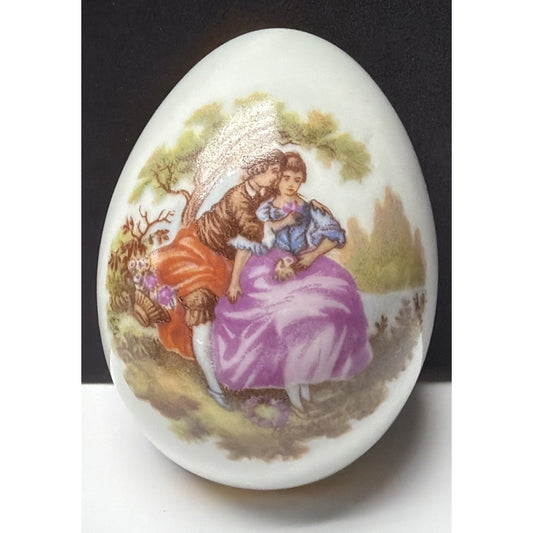 Vtg Limoges France Porcelain Egg Shaped Trinket Pill Box Victorian Couple Gold
