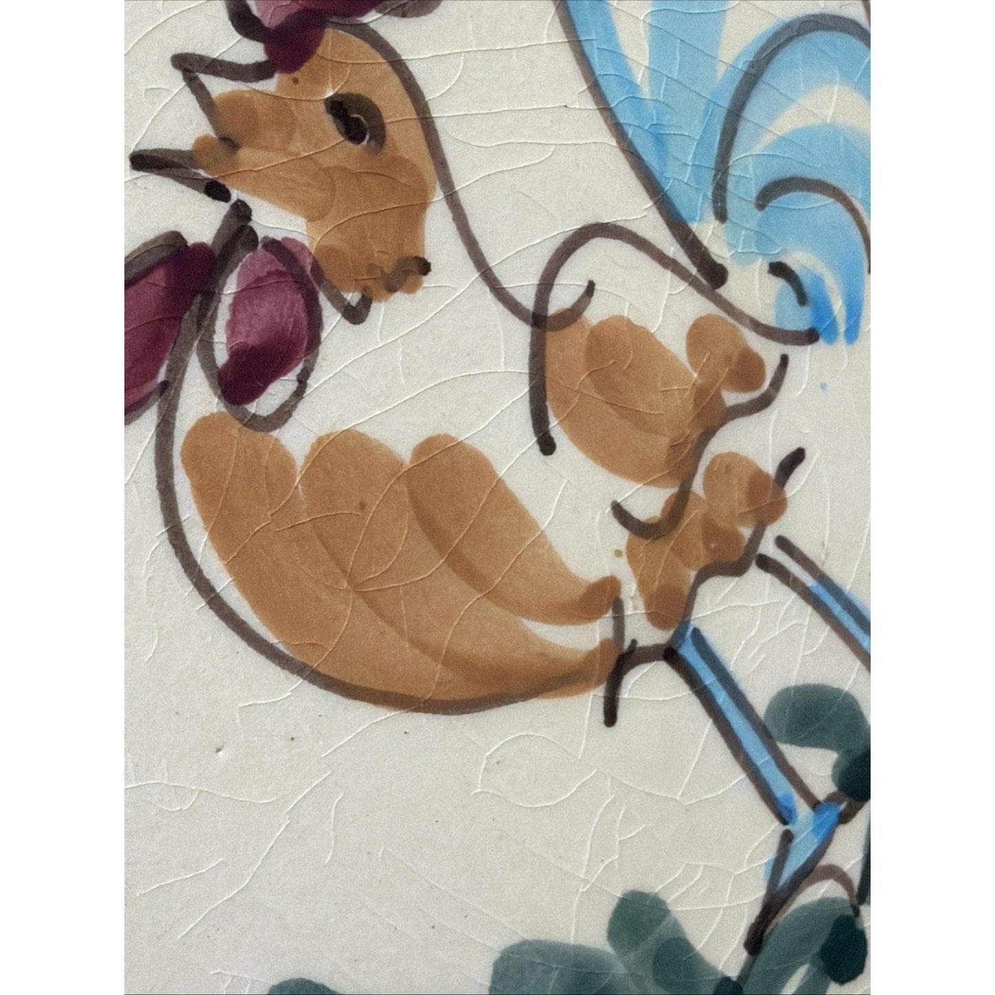 Vtg Lamas Pottery Italy Ceramic Rooster Hen Plate Floral Grid Design Farmhouse