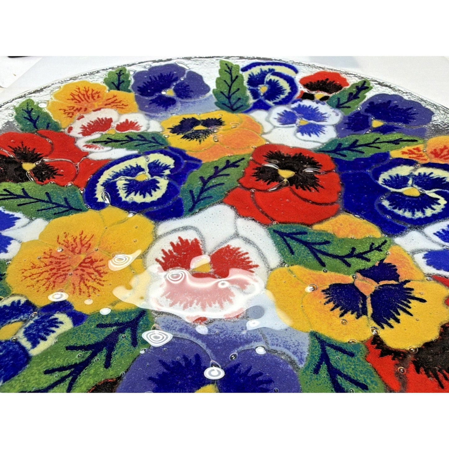 Vintage Peggy Karr Fused Art Glass Plate Platter Floral Pansy 11" Signed