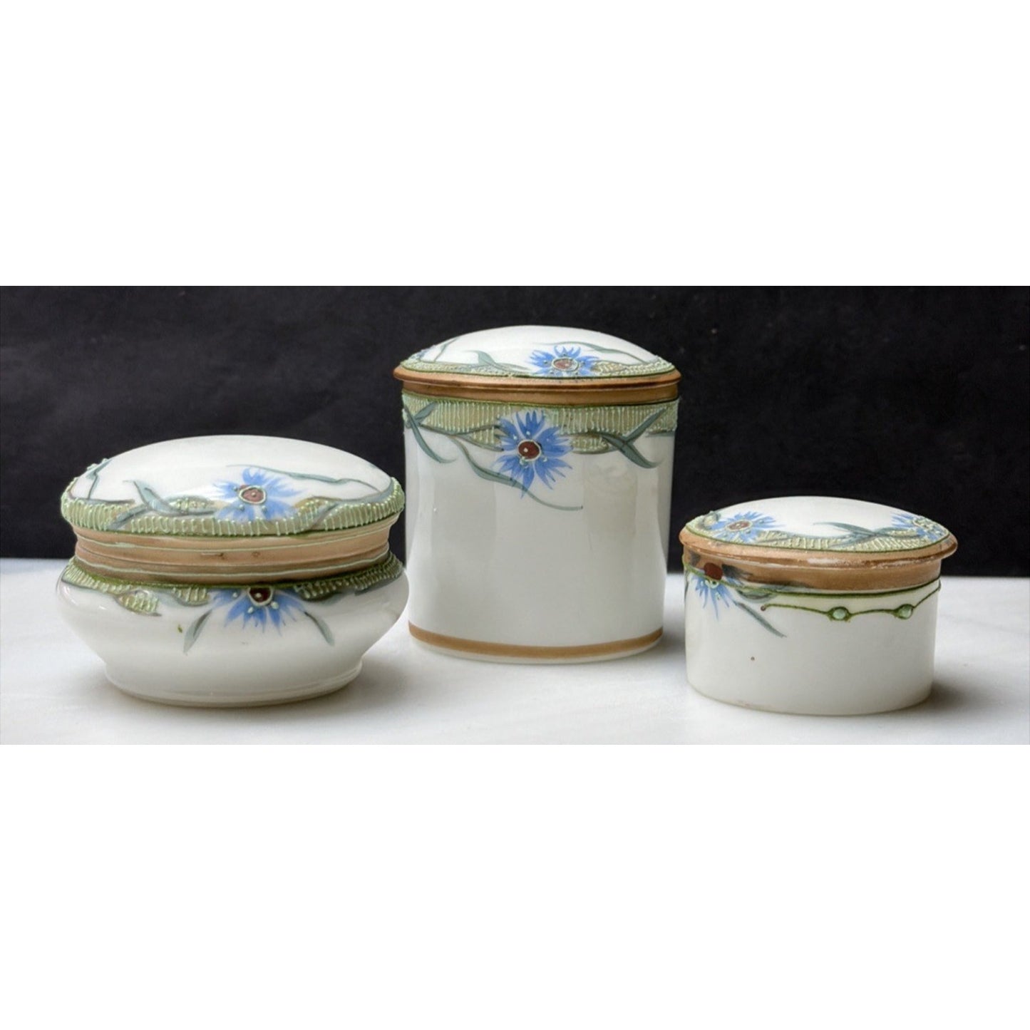 Antique Lot of 3 Hand Painted Nippon Moriage Floral Covered Trinket Vanity Jars
