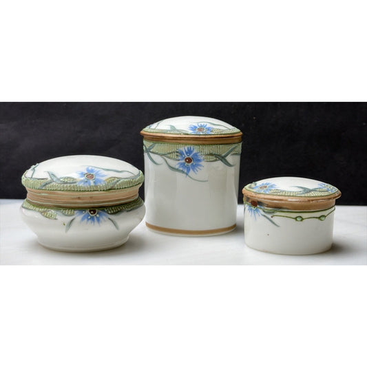 Antique Lot of 3 Hand Painted Nippon Moriage Floral Covered Trinket Vanity Jars