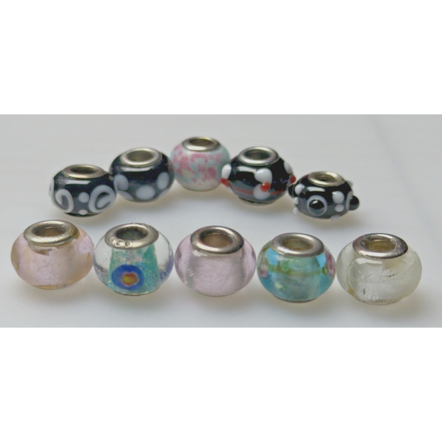 Lot of 10 Lampwork Art Glass Porcelain Floral Sterling Silver Bead Charms As Is