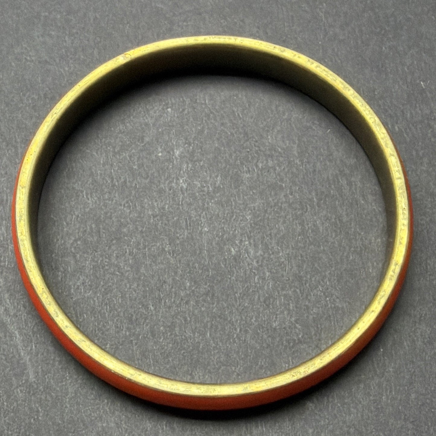 Vintage Gold Tone Metal Brass Bangle Bracelet Orange Red Celluloid Lucite