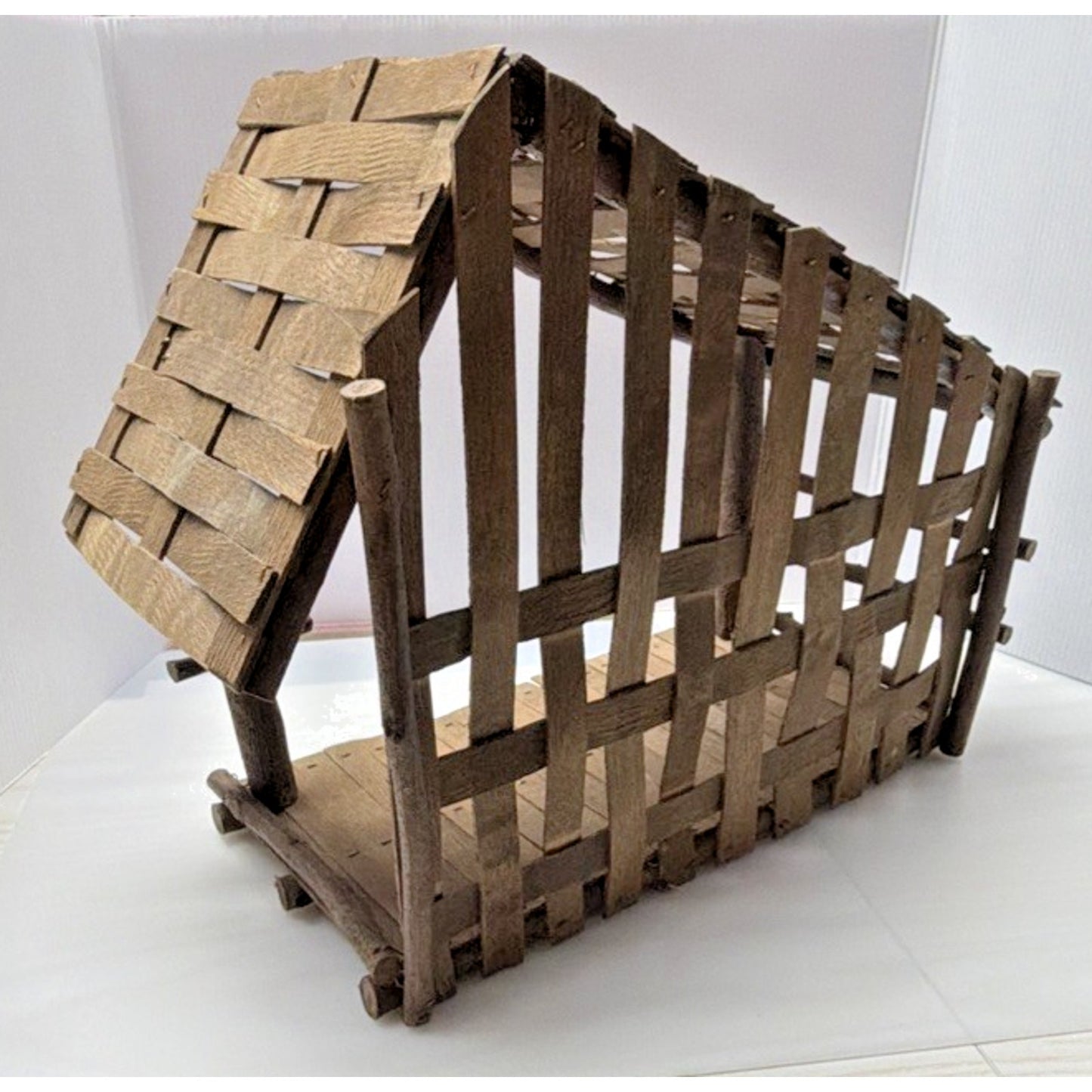 Vintage Christmas Nativity Creche Manger Stable Wooden Thatched