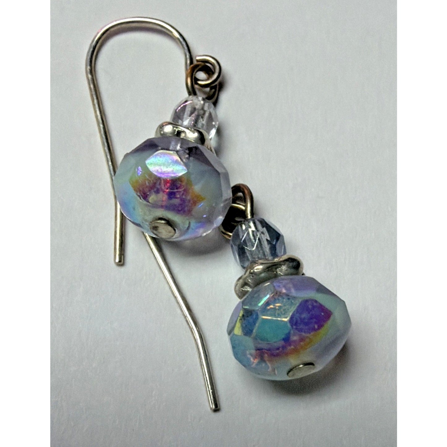 Vintage Sterling Silver Faceted AB Crystal Glass Uranium Dangle Earrings Mottled