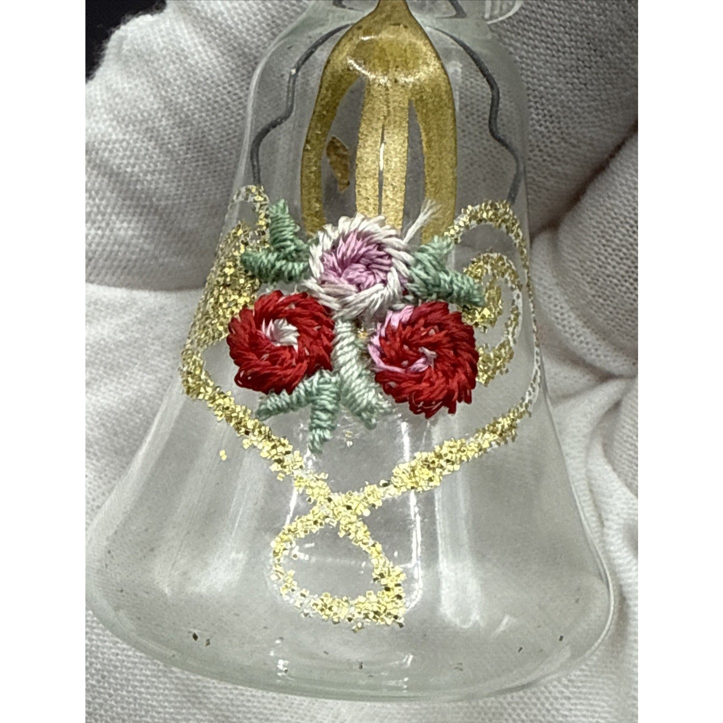 Vtg Lot of 4 DBGM West Germany Blown Mica Glass Bell Ornaments Gold Embroidered
