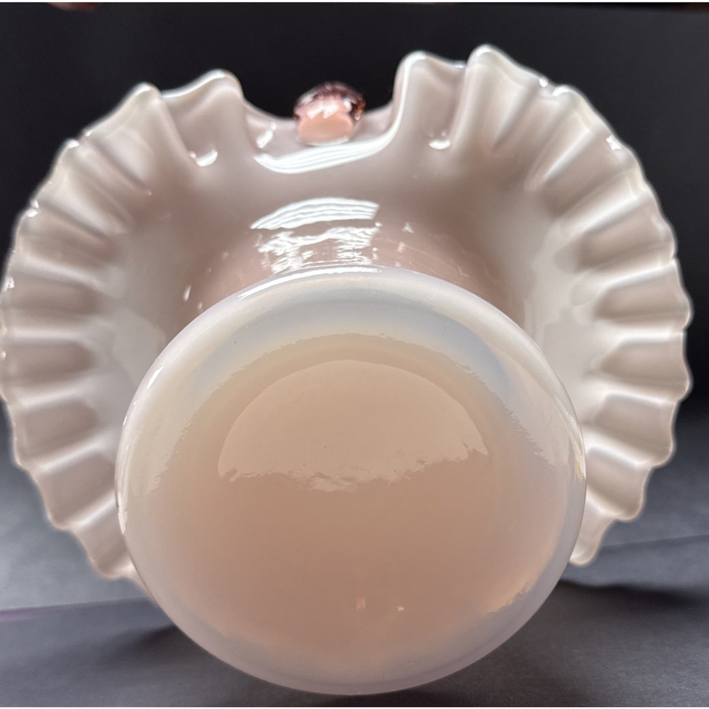 Vtg Fenton Glass Pink Overlay Basket Crimped Bamboo Handle Ruffle Edge As-Is