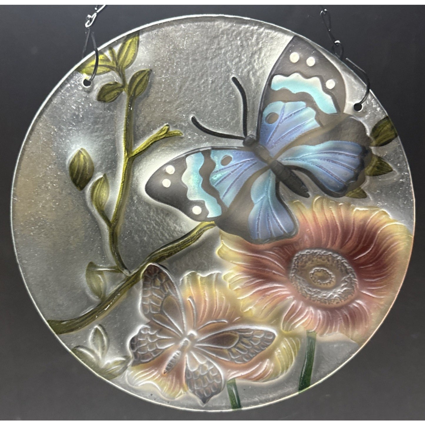 Stained Glass Painted Butterfly Sunflower Suncatcher Rimless Hanging Glass