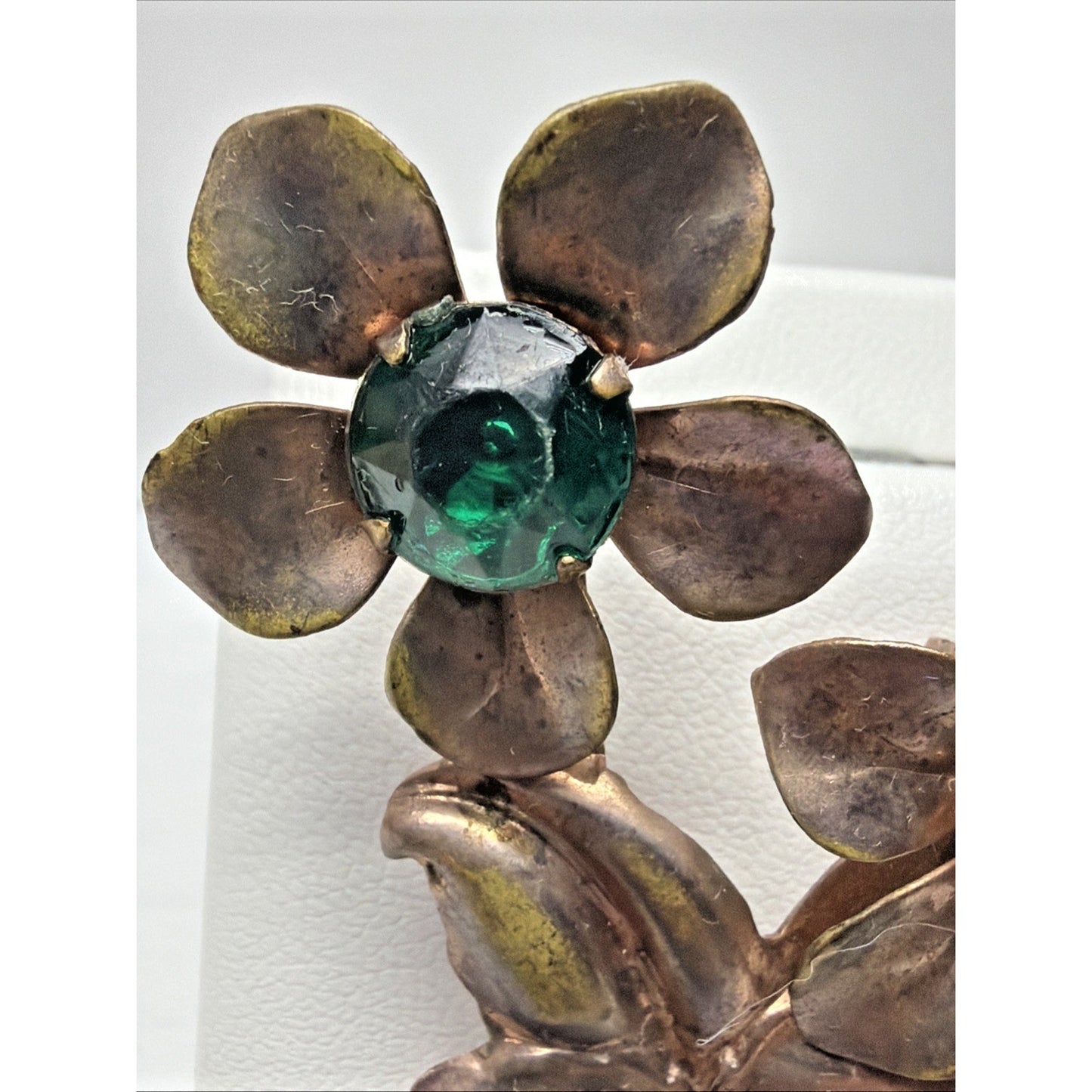 Vintage Copper Floral Flower Brooch Large Green Emerald Rhinestone