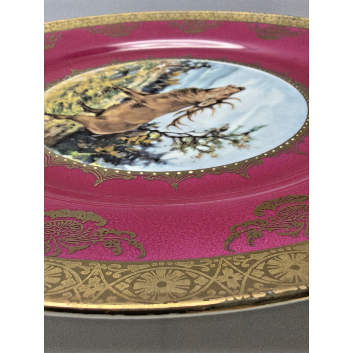 Vintage STW Bavaria Fuchsia Pink Game Plate Gold Ornate Elk Moose