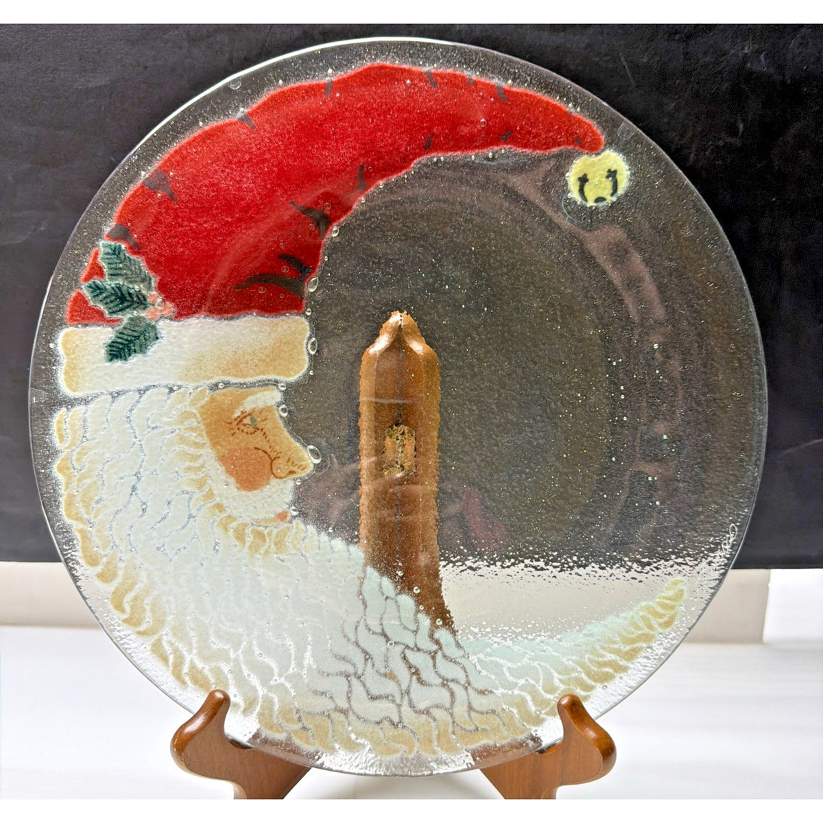 Vintage Peggy Karr Fused Glass Crescent Moon Santa Christmas Platter Signed