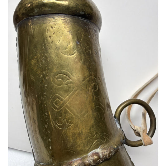 Antique Moroccan Brass Steel Black Powder Horn Flask Shot Strap As Is