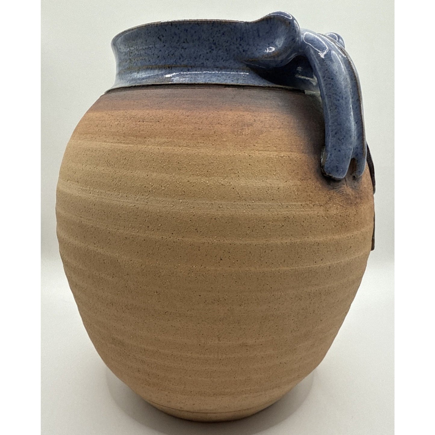 Old Patagonia Pottery Kissinger Double Handle Vase Blue Hibiscus Leaves Signed