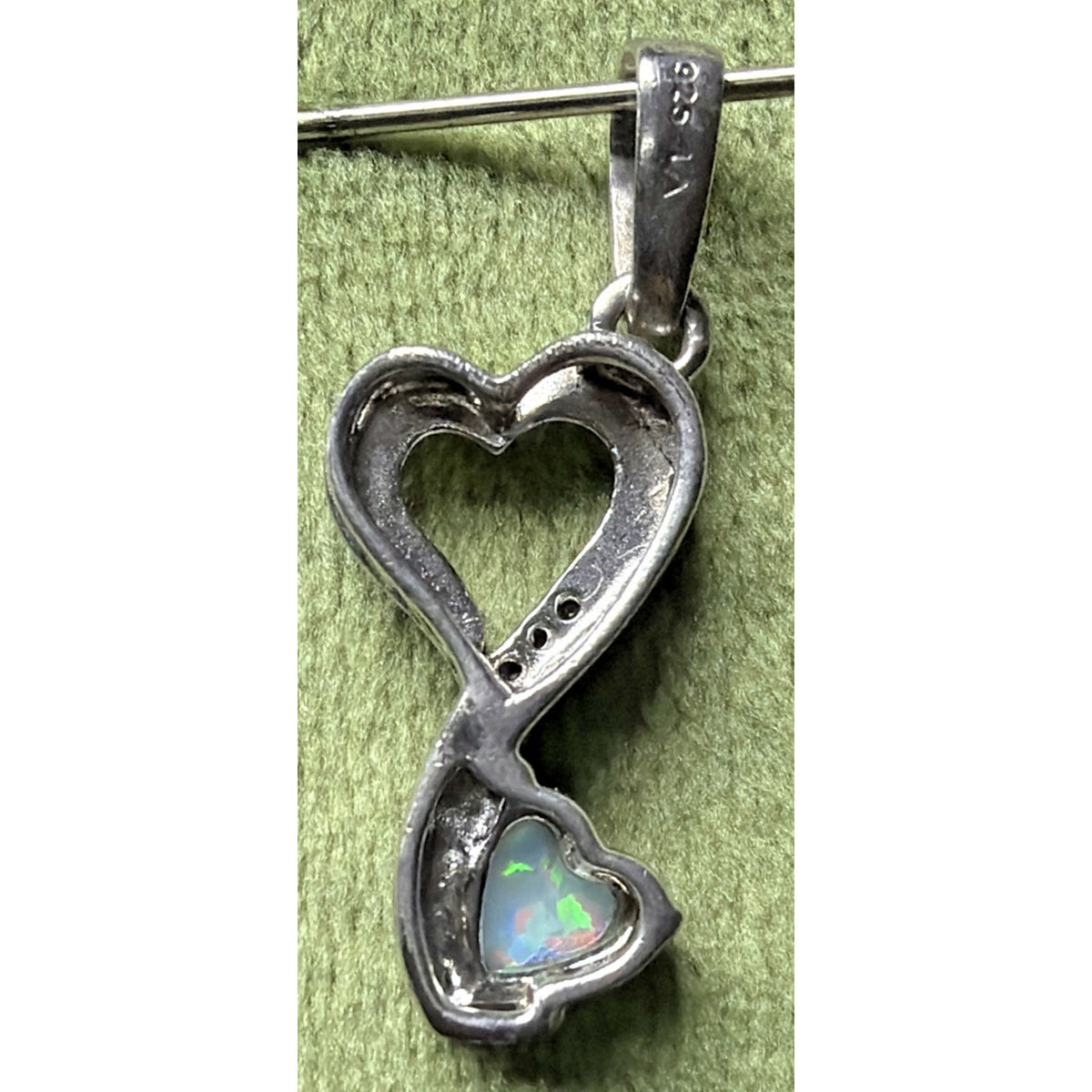 Vintage LA 925 Sterling Silver Double Heart Pendant Opal Diamond Chip
