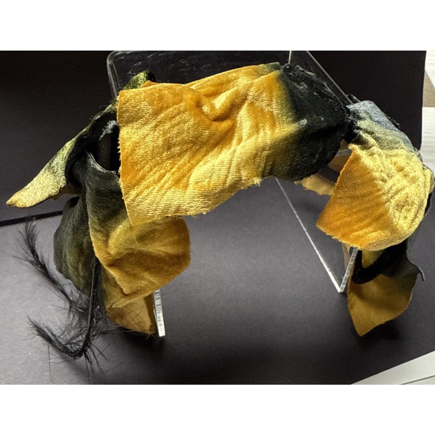 Vintage Metallic Velvet Maple Leaf Half Hat Fascinator Gold Black Feather