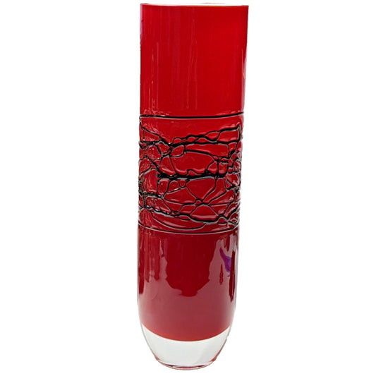 MCM Red Cased White Cylinder Vase Abstract Black Threaded Strapping Large
