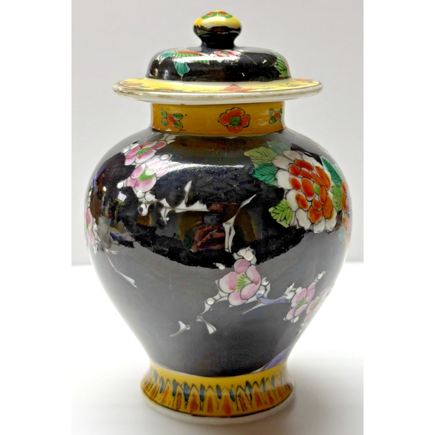 Vintage Japanese Hand Painted Black Porcelain Phoenix Ginger Jar Urn Lid Floral