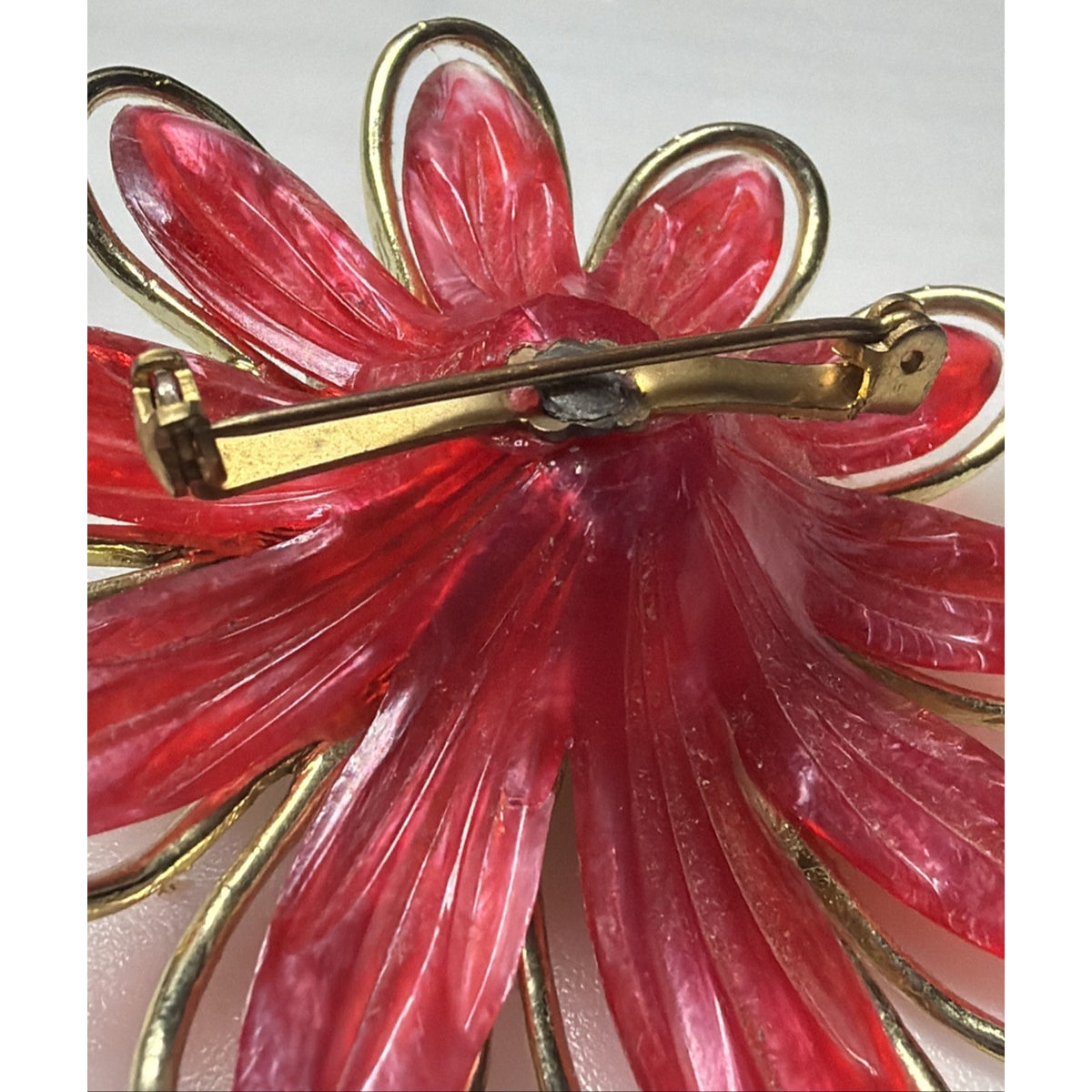 Vintage Large Flower Blossom Brooch Resin Plastic Leaves Gold Frame Faux Pearl