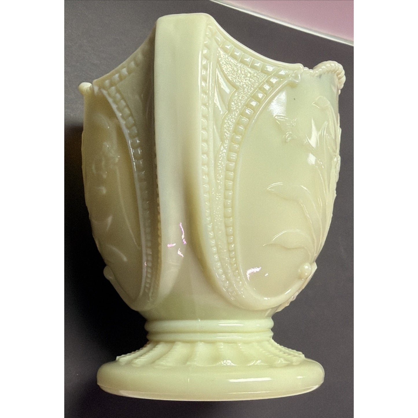 EAPG National Northwood Glass Iris Wild Bouquet Custard Spooner Spill Uranium