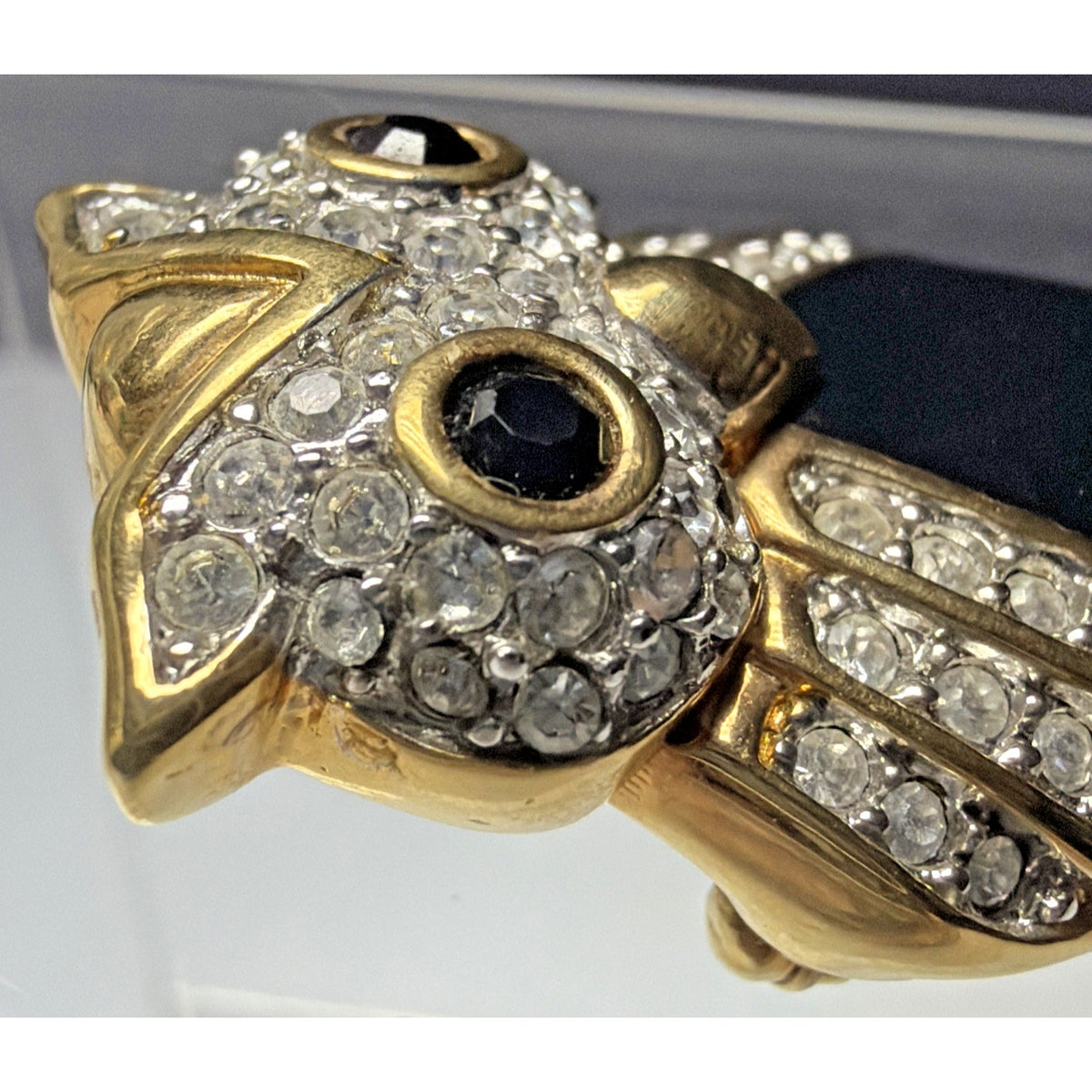 Vtg Swarovski SAL Pave Crystal Black Cabochon Enamel Owl Brooch Bird Pin As Is