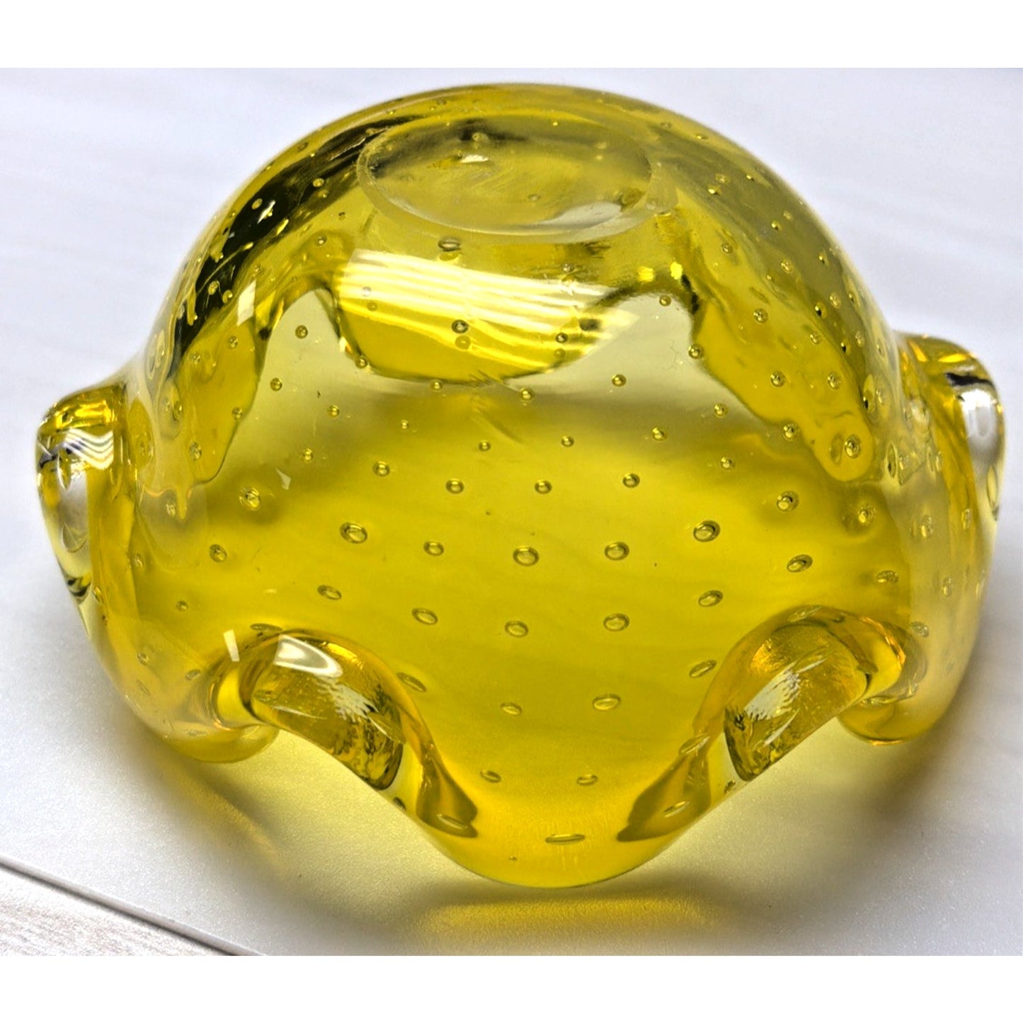 Vtg Kreiss Art Glass Bullicante Canary Yellow Controlled Bubbles Bowl Ashtray