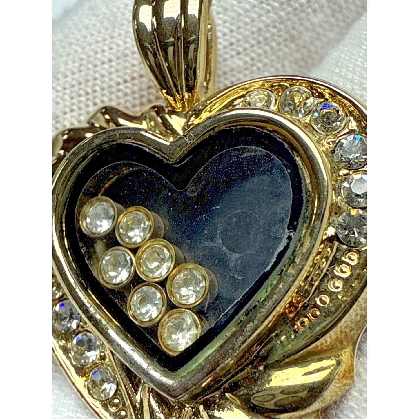 Vintage Gold Tone Floating Crystals Heart Pendant Black