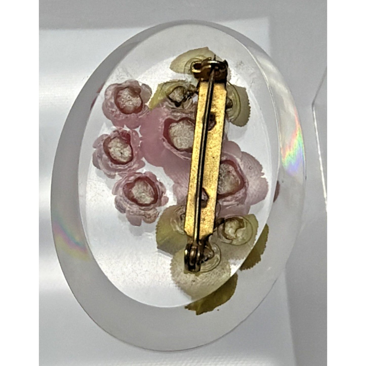 Vintage Clear Lucite Pin Brooch Rose Flower Bud Floral Pink Green Leaves