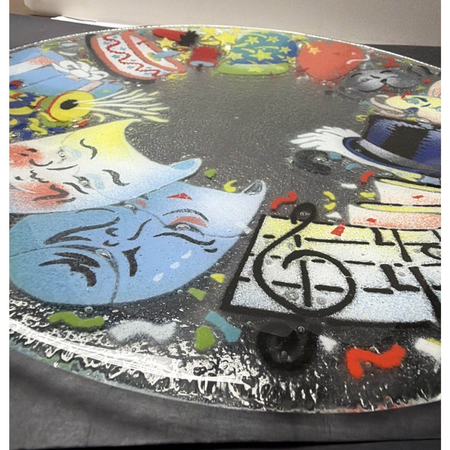 Peggy Karr Fused Art Glass Platter Celebration Comedy Tragedy Masks 14"