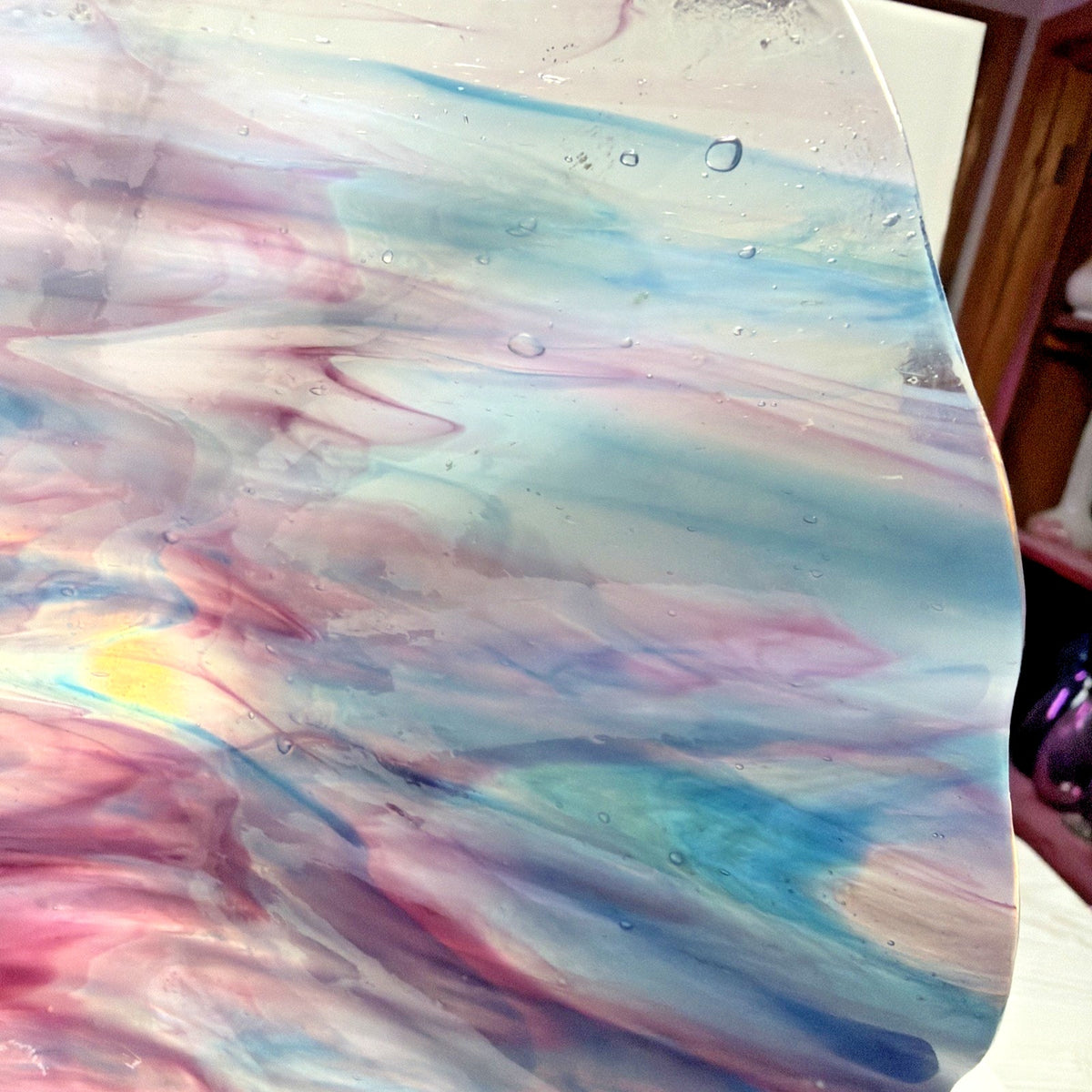 Vintage Ken Sprankle Stained Art Glass Crimped Edge Bowl Marbled Abstract As Is
