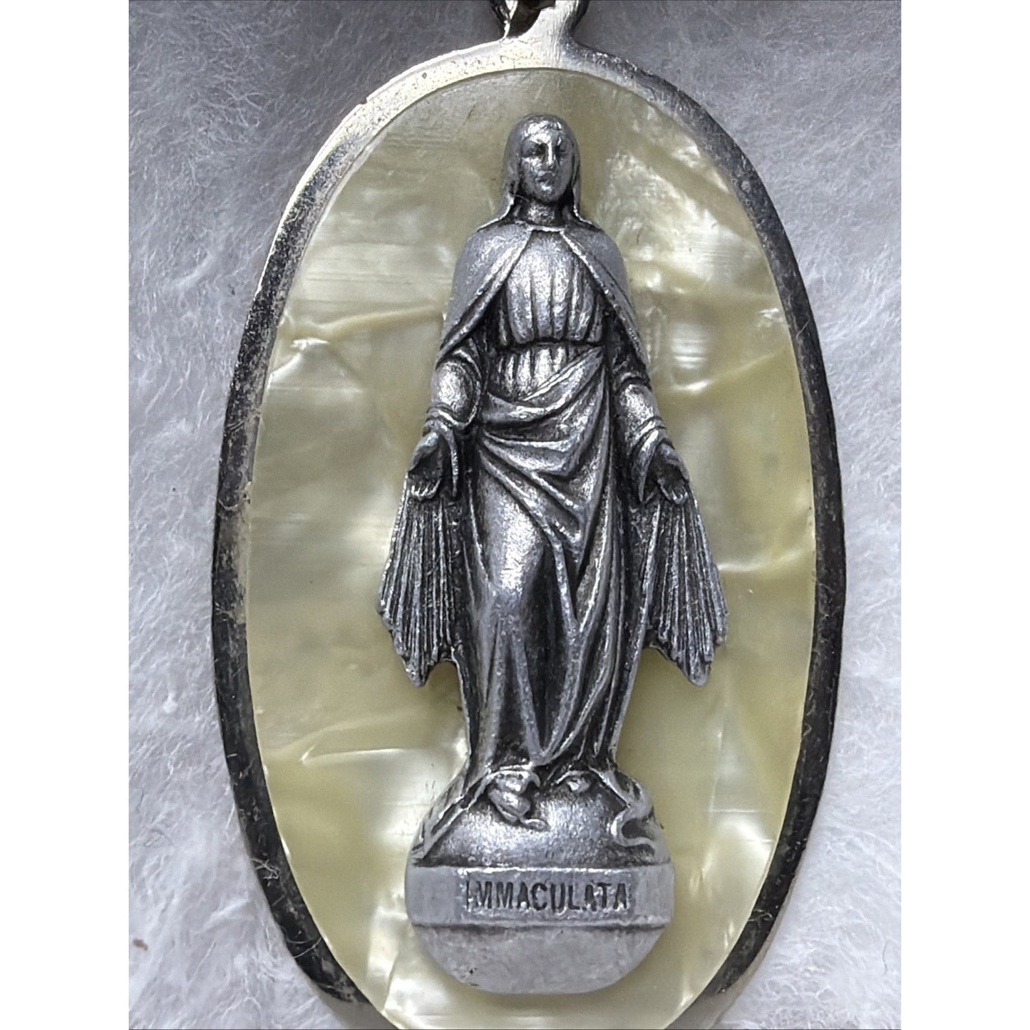 Immaculata Virgin Mary Saint Pendant Silver Metal Faux Mother Pearl Celluloid
