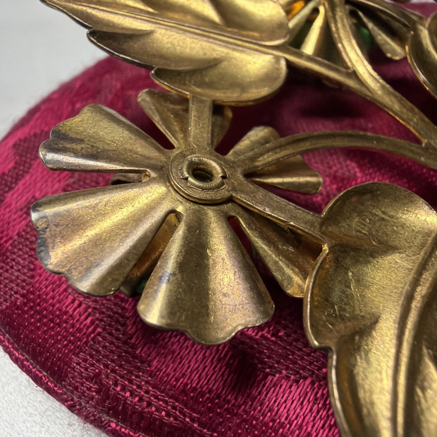 Vintage Large Gold Tone Floral Sprig Spray Brooch Pin Green Rhinestones