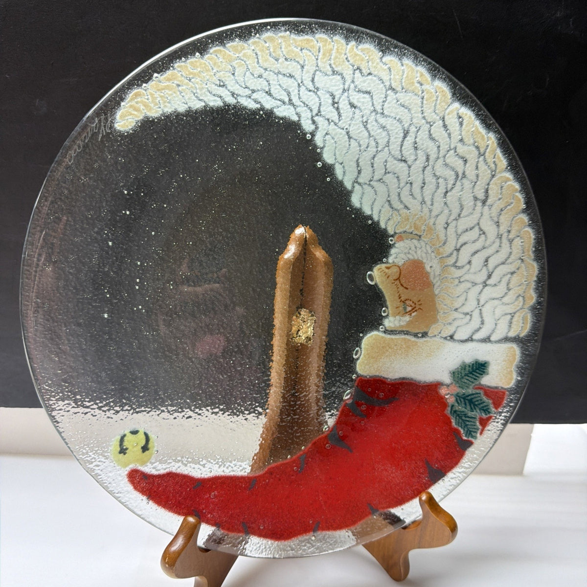 Vintage Peggy Karr Fused Glass Crescent Moon Santa Christmas Platter Signed