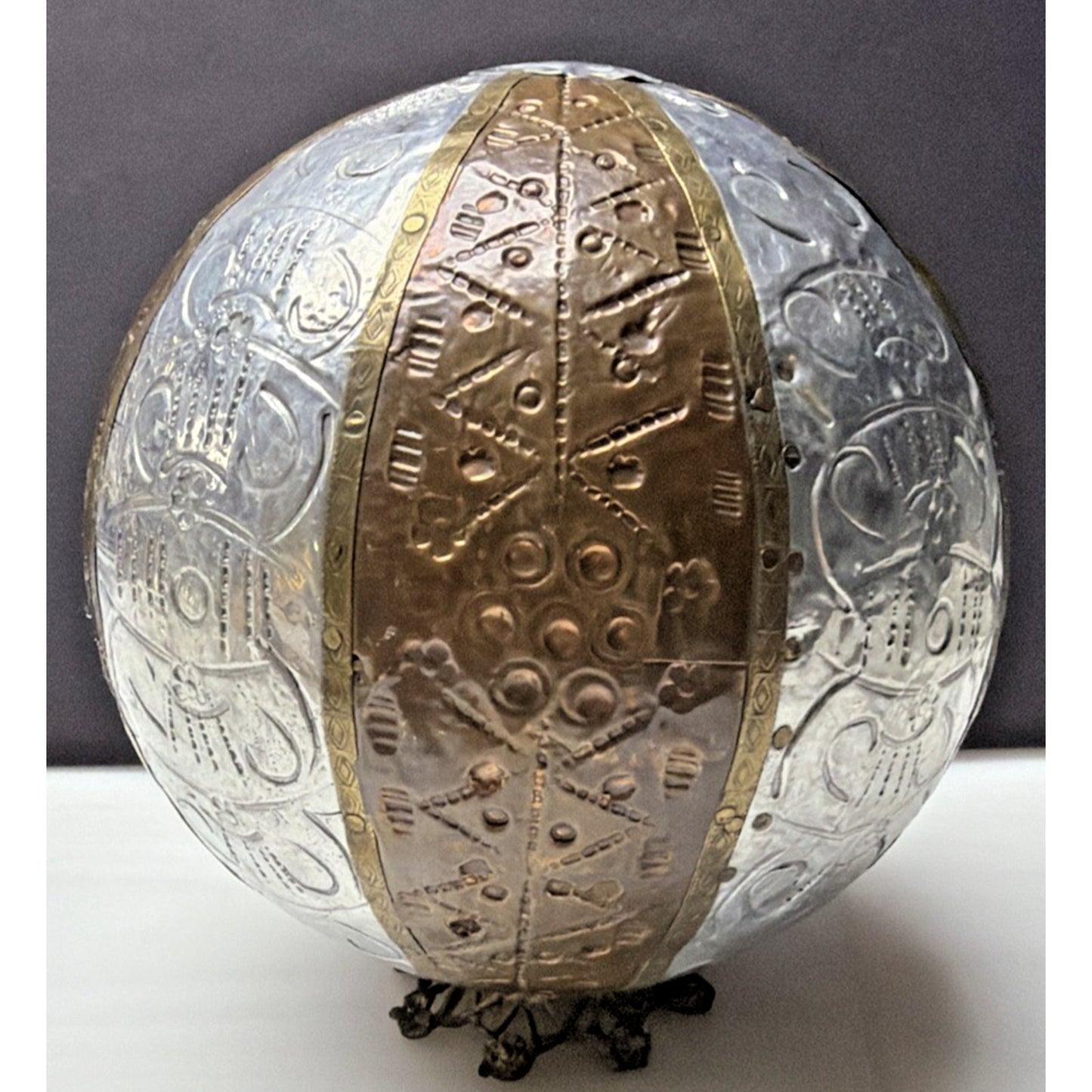 Vtg Mixed Metal Wrapped Sphere Orb Hand Tooled Design Ornate Ball Brass Bronze