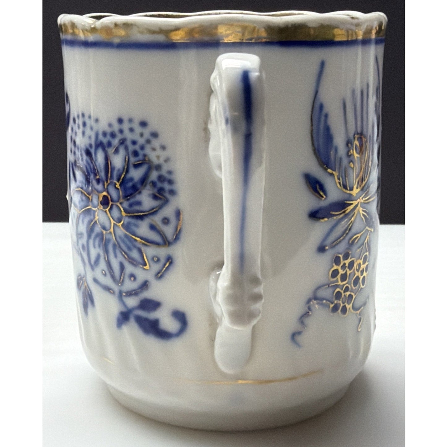 Antique Lot of 4 Flow Blue Hand Painted Blue Onion Ring Mugs Cups C Handle As Is